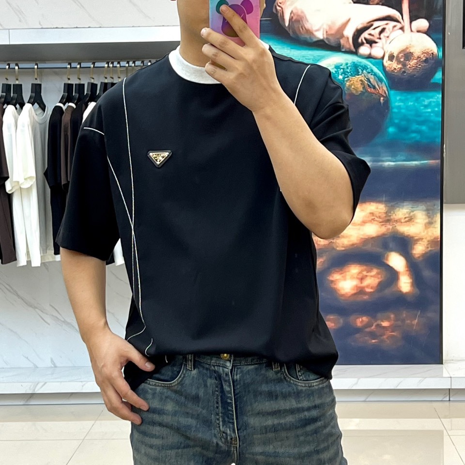 カジュアル リラックス クルーネック プラダ Tシャツ 偽物 コットン ブラック-2