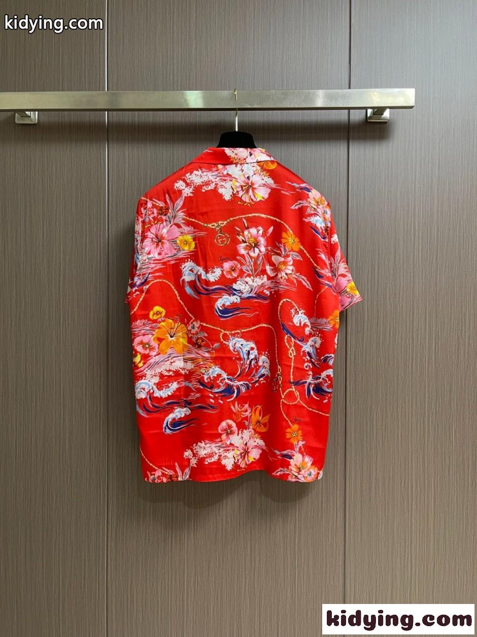フローラルプリント オープンカラーシャツ グッチ シャツ 偽物 シルク レッド-0