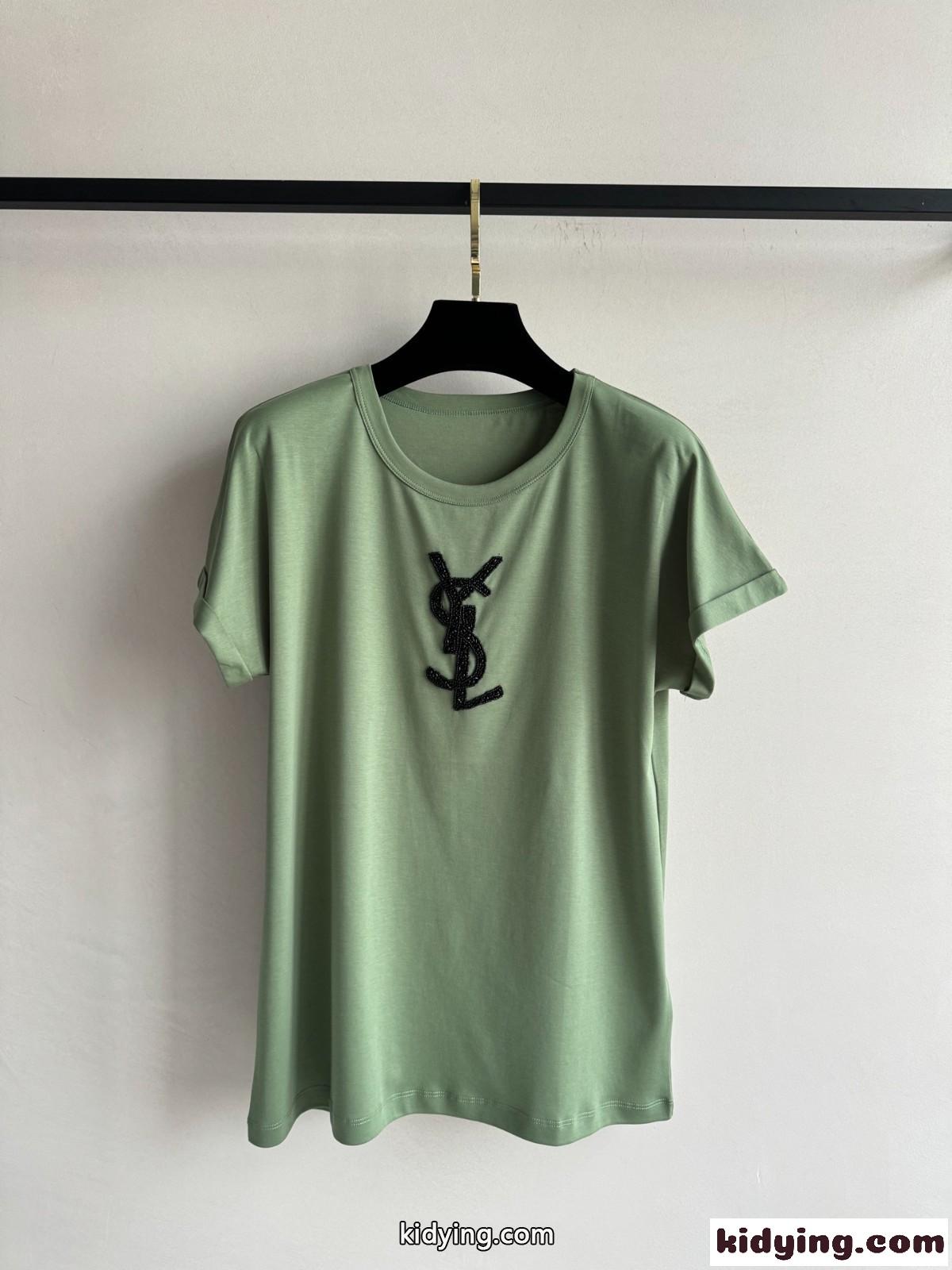 洗練された カジュアル YSLロゴ 半袖Tシャツ イヴ・サンローラン Tシャツ コピー グリーン-2