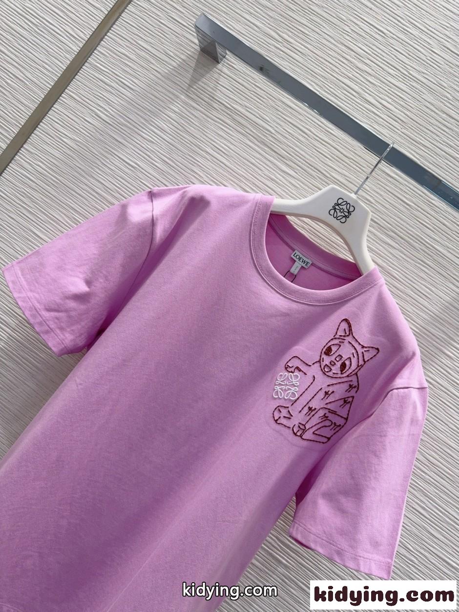 キャットエンブロイダリー 半袖Tシャツ ロエベ Tシャツ コピー ユニセックス ピンク-2