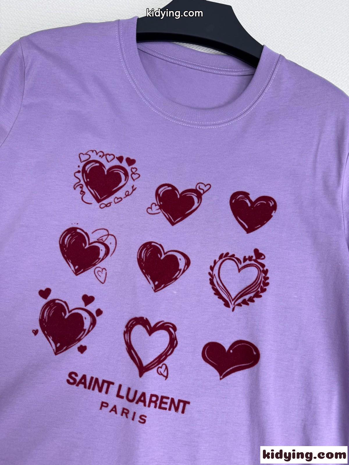 シンプル プリント コットン 半袖Tシャツ イヴ・サンローラン Tシャツ コピー パープル-2