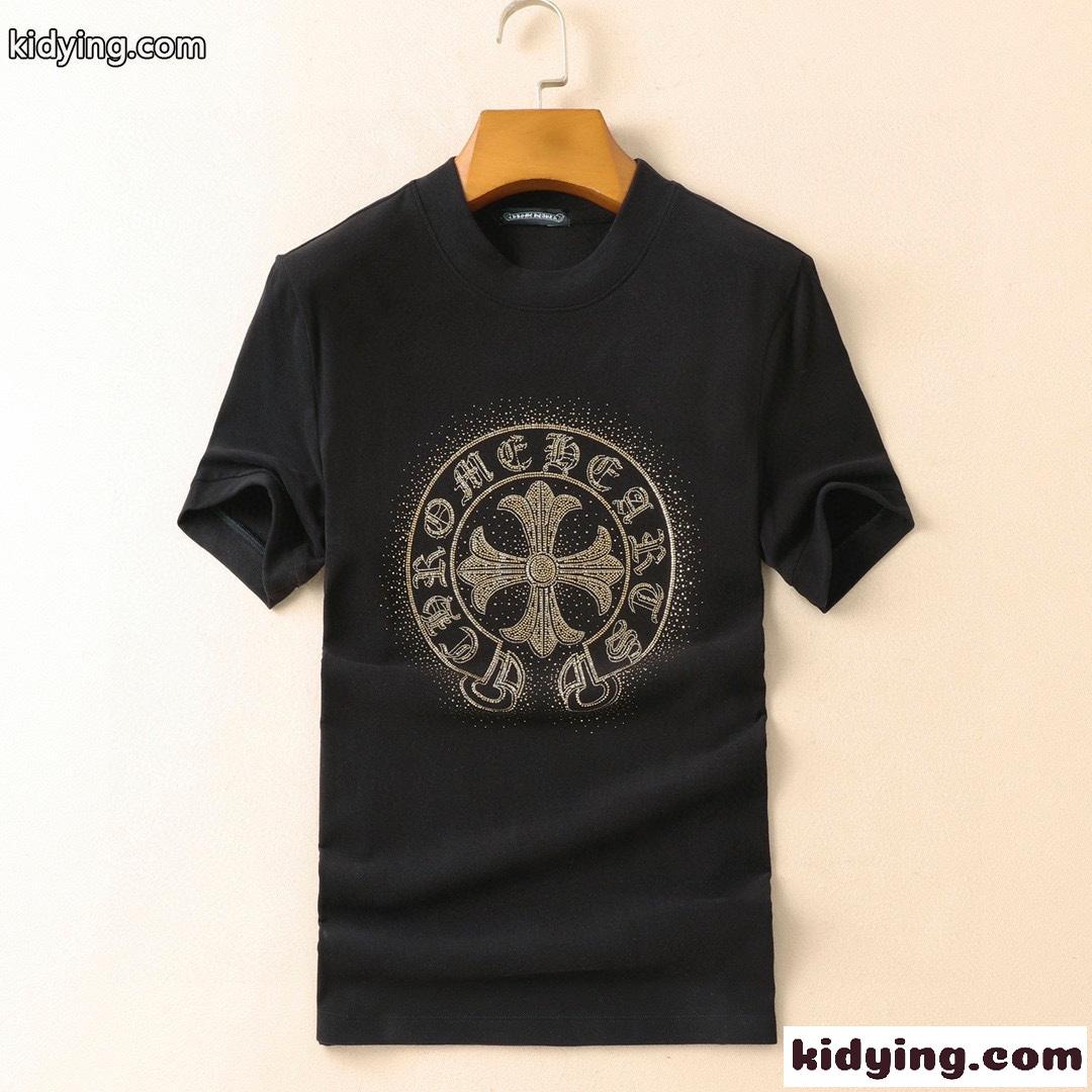 上品 カジュアル クールネック メンズ 半袖 人気 クロムハーツ tシャツ コピー メンズ スエード おしゃれ ブラック-2