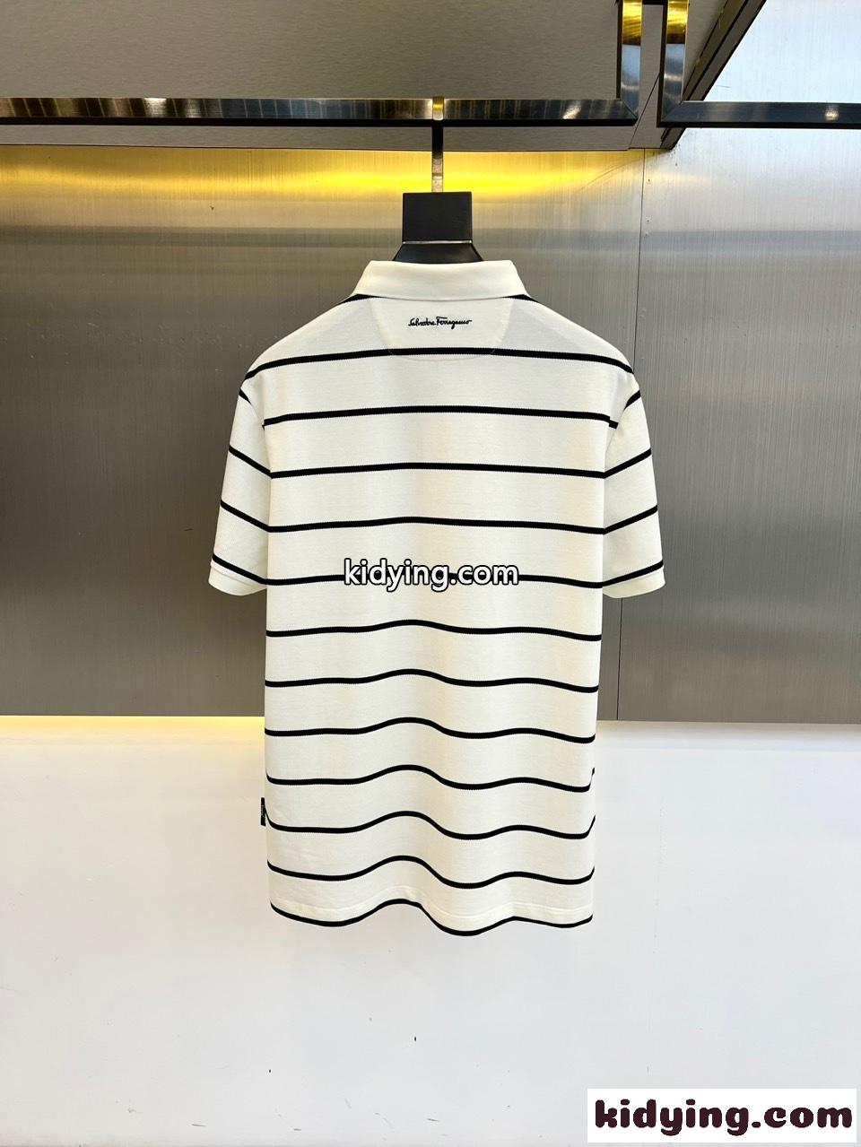 爽やか ボーダー柄 コットンピケ ポロシャツ サルヴァトーレ・フェラガモ Tシャツ 偽物 ホワイト-3