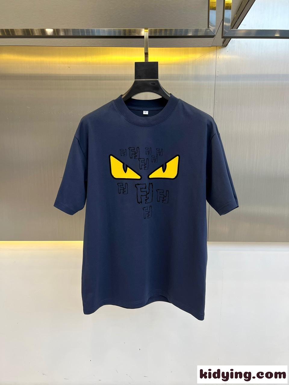 フェンディ Tシャツ 偽物 カジュアル プリント コットン 半袖Tシャツ ブルー-0