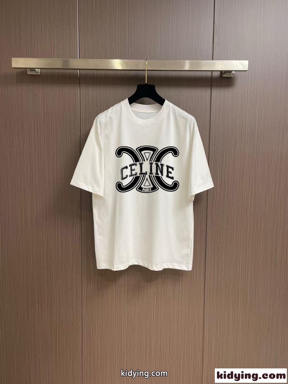 目を引く ロゴプリント クルーネック 半袖Tシャツ セリーヌ Tシャツ コピー コットン-1