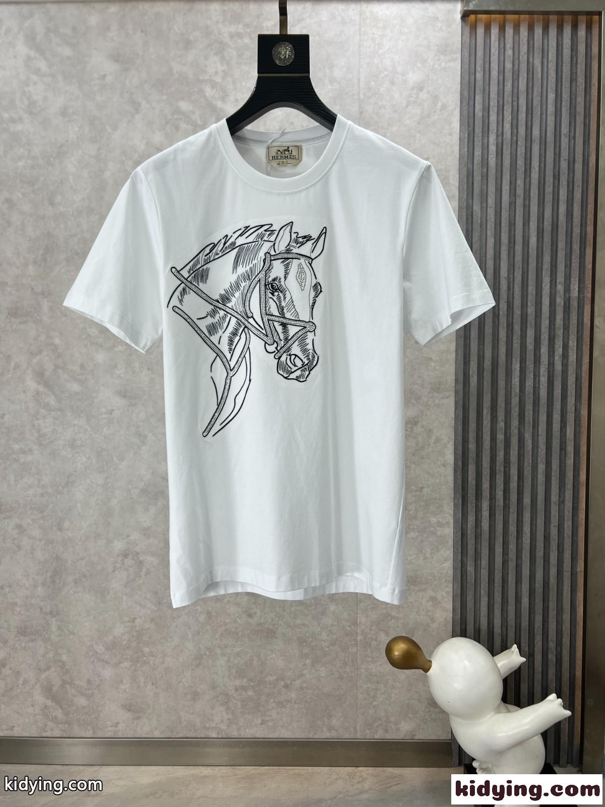 上品 カジュアル クルーネック 半袖Tシャツ エルメス Tシャツ コピー ホワイト-2