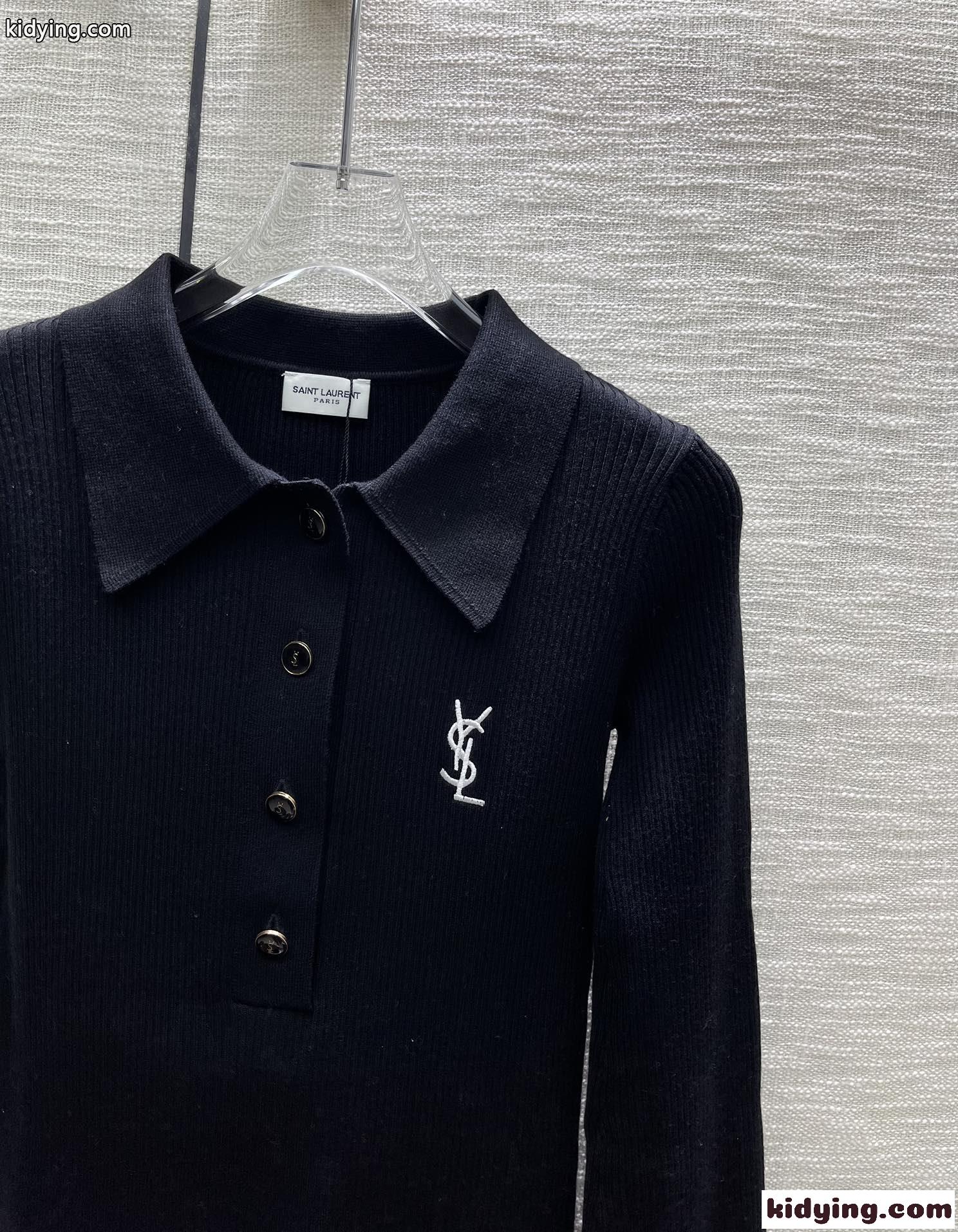 シンプル ロゴ刺繍 リブニット ポロ イヴ・サンローラン セーター コピー ブラック-2