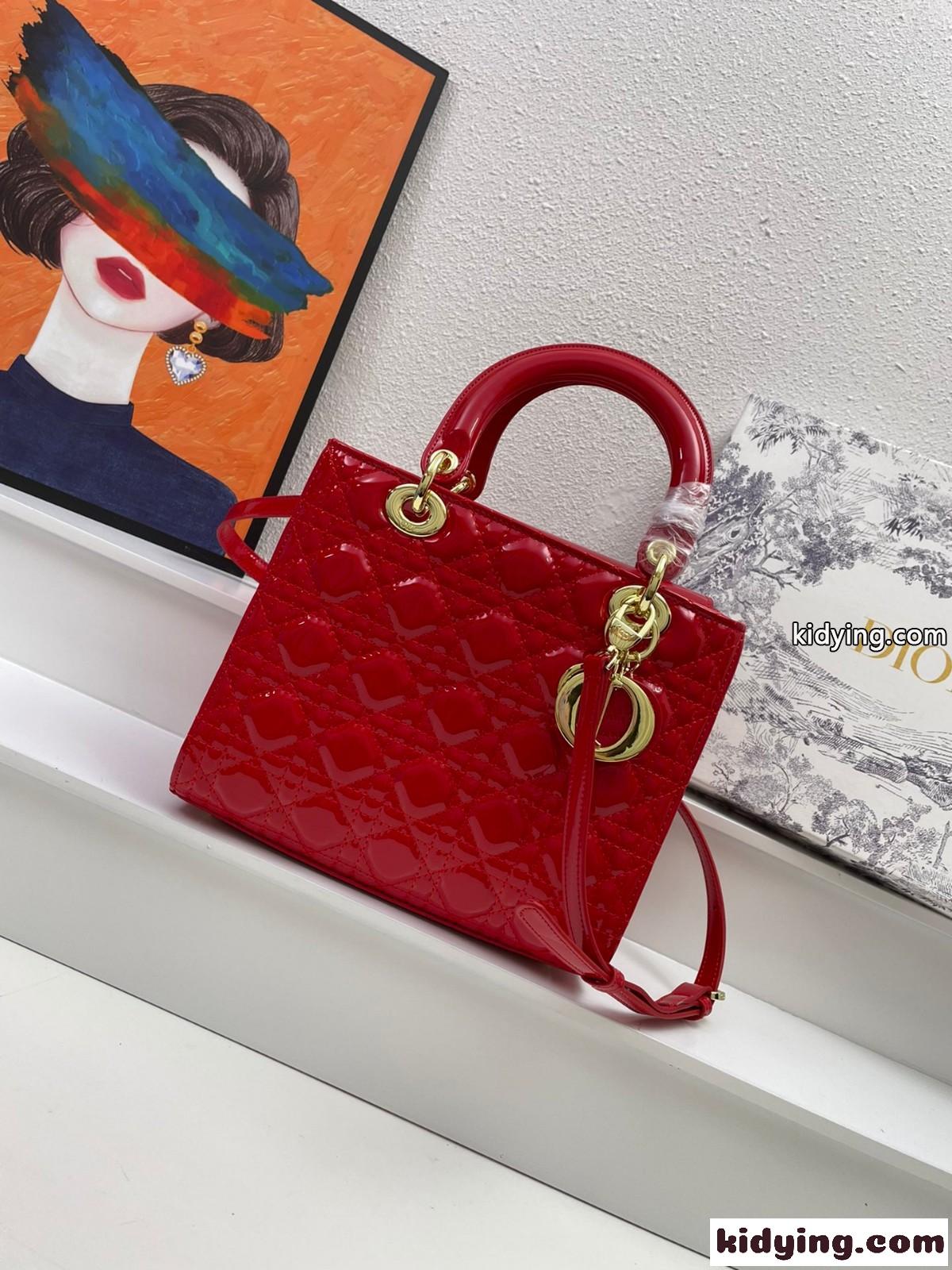 LADY DIOR パテントレザー ミディアムバッグ クリスチャン・ディオール バッグ コピー ハンドバッグ レッド-0