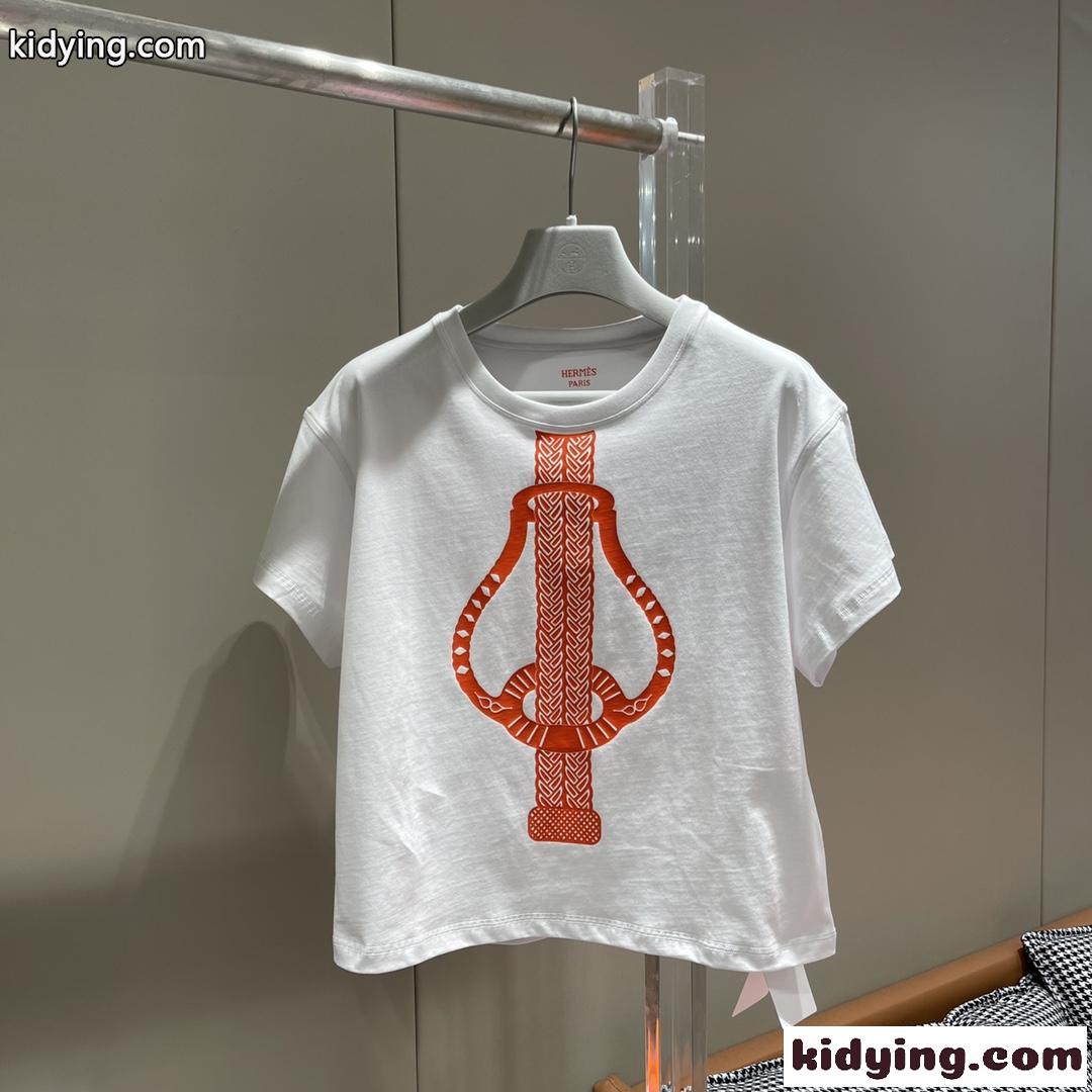 新作~グラフィックプリント クロップドTシャツ エルメス Tシャツ コピー コットン 半袖 トップス-1