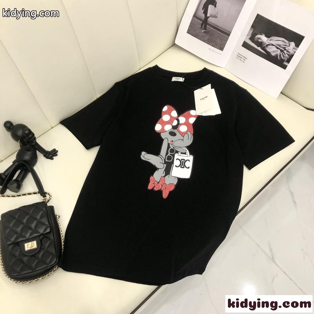 可愛い プリント 人気 定番 クルーネック セリーヌ tシャツ コピー 半袖 春夏 カジュアル きれいめ ホワイト ブラック-0