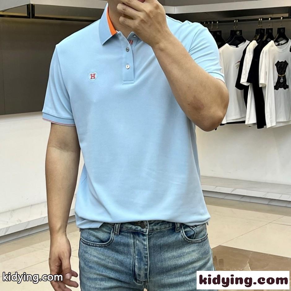 洗練された カジュアル 半袖 ポロシャツ エルメス Tシャツ 偽物 ライトブルー-0