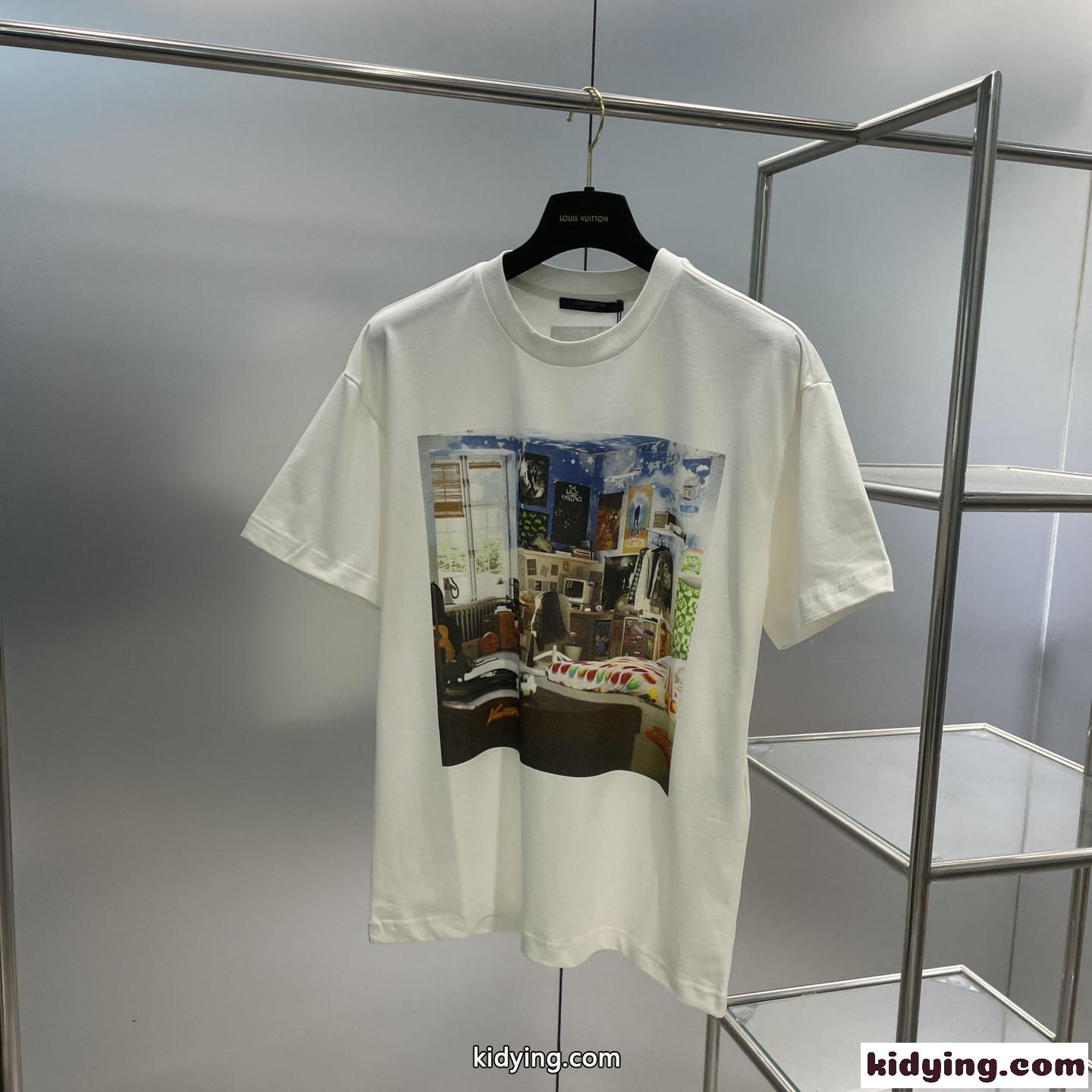 ユニセックス ルイ・ヴィトン プリンテッドコットンTシャツ コピー クルーネック-0