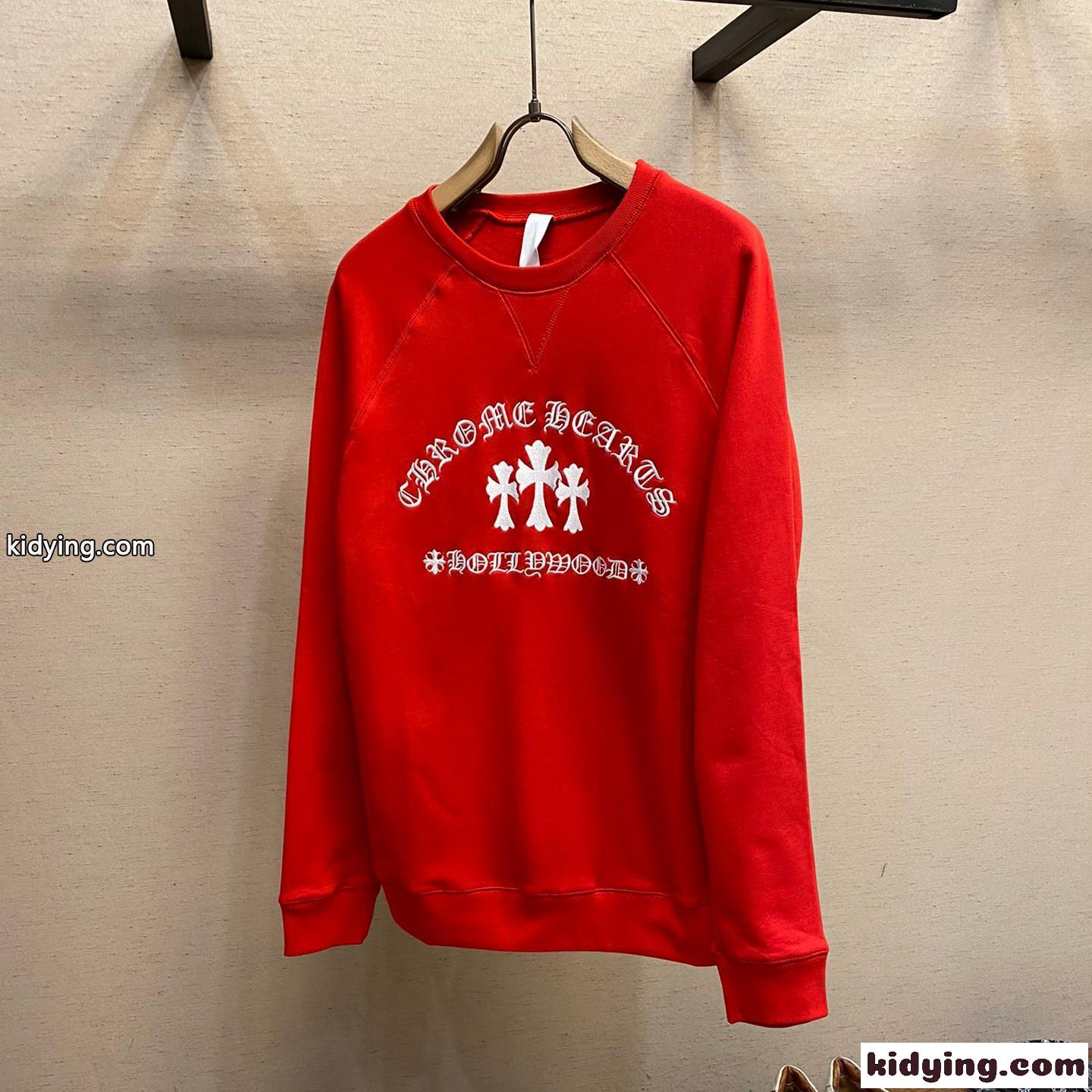 飽きのこない ロゴ 刺繍 クルーネック スウェットシャツ クロムハーツ Tシャツ コピー レッド-0