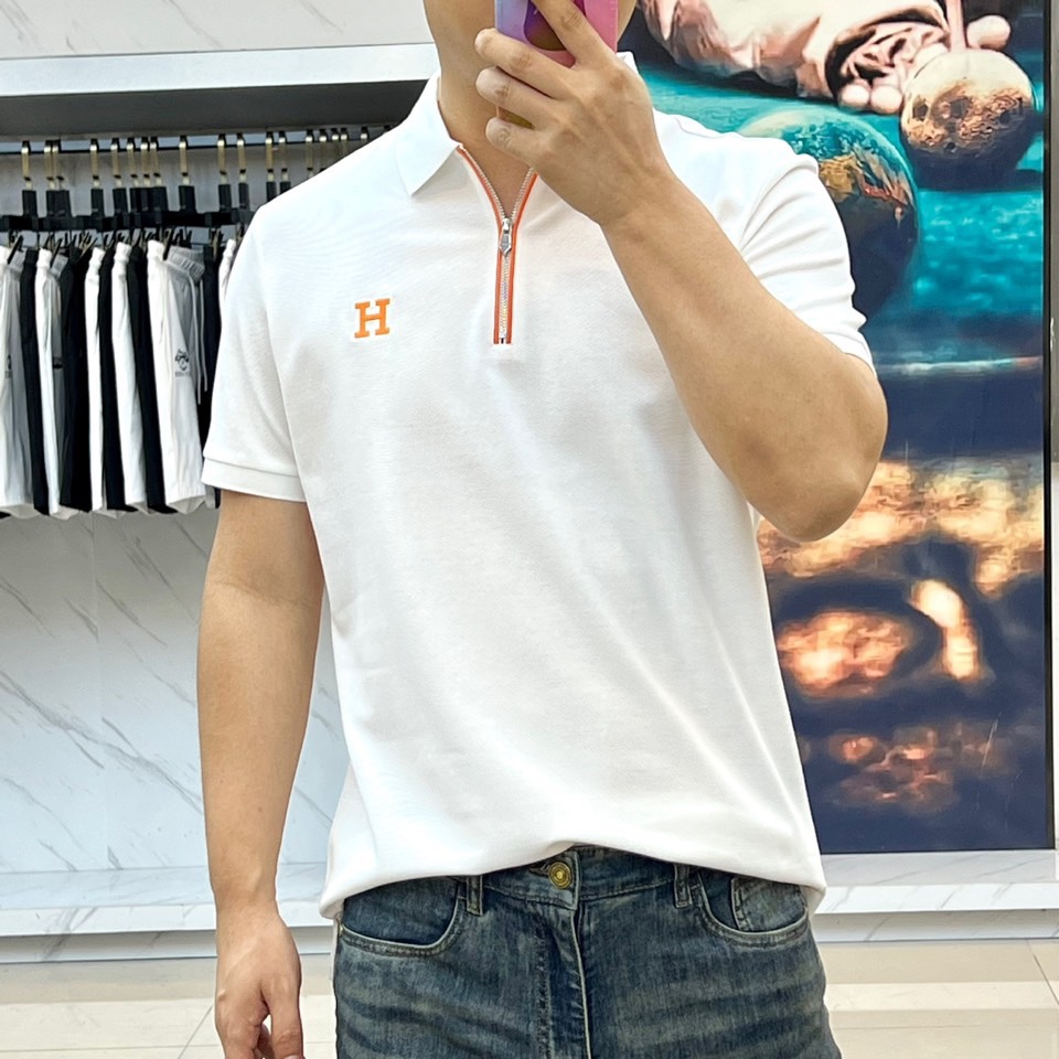 洗練された ハーフジップ ポロシャツ エルメス Tシャツ 偽物 コットンピケ ホワイト-1