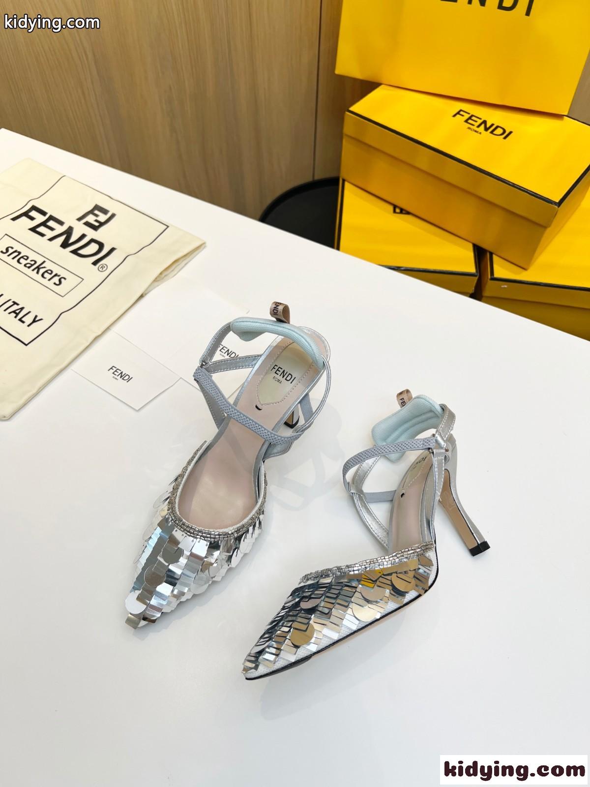 シルバースパンコール スリングバックシューズ ハイヒール フェンディ サンダル コピー レディース-4