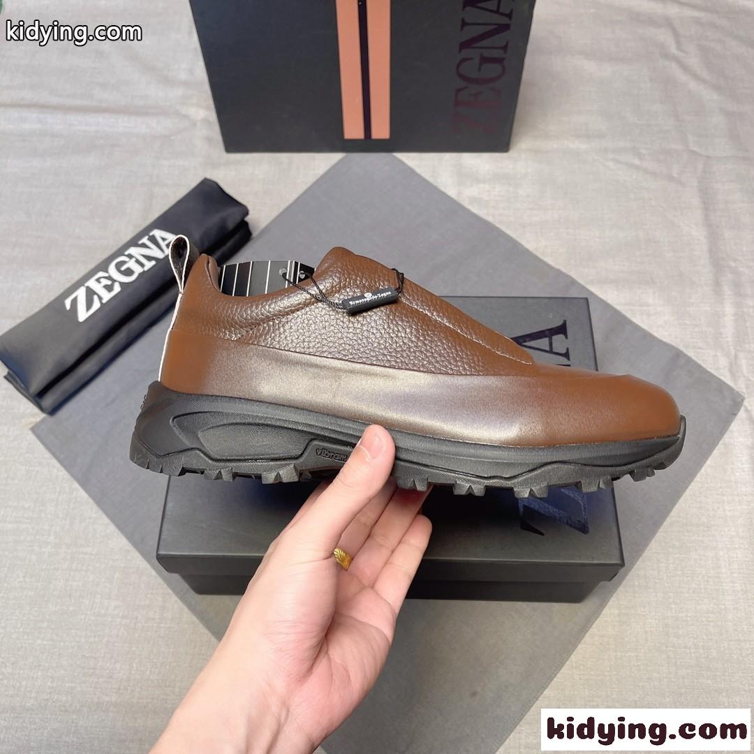 上品 カジュアル レザー スリッポンシューズ エルメネジルド・ゼニア スニーカー コピー ダークブラウン-1