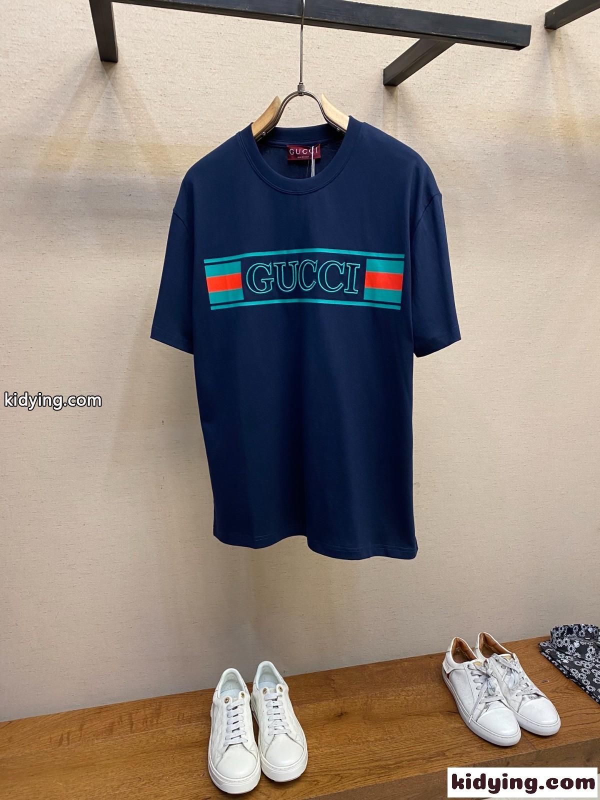 コットンジャージー プリント 半袖Tシャツ グッチ Tシャツ コピー クルーネック ネイビー-1