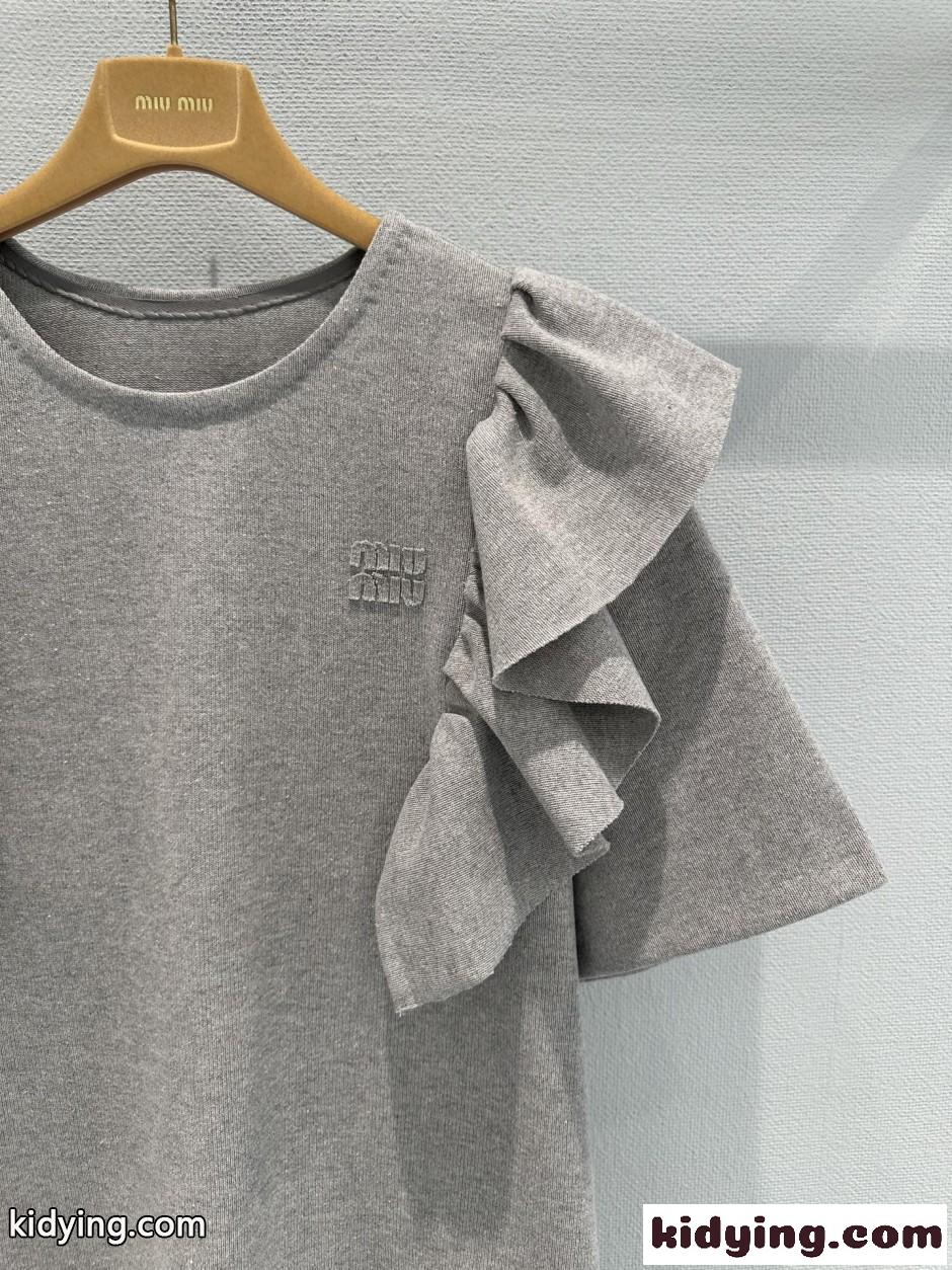 フェンミン ラッフルフリル 半袖Tシャツ ミュウミュウ Tシャツ コピー グレー-2