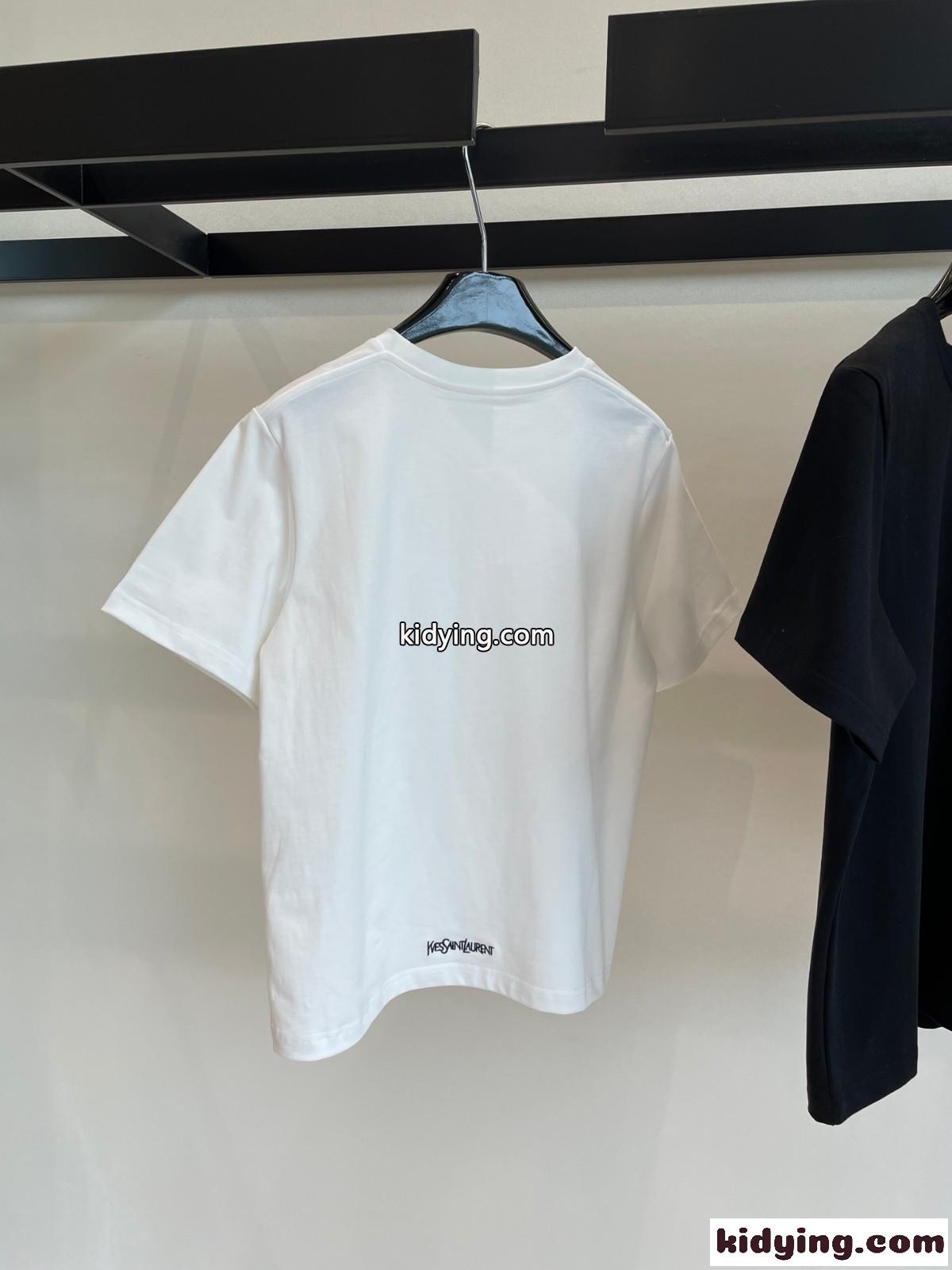 シンプル ロゴ 刺繍入り クルーネック 半袖 コットン イヴ・サンローラン Tシャツ コピー-3