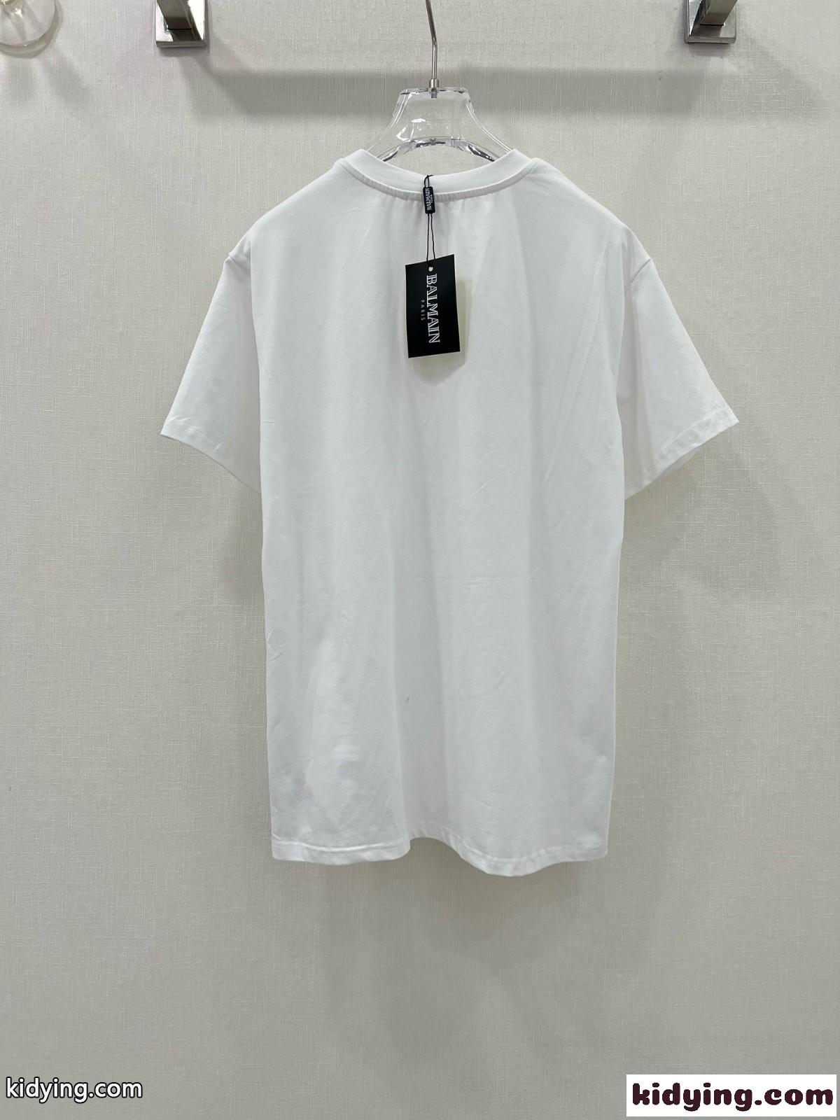 バルマン Tシャツ コピー ラインストーン ロゴ 半袖Tシャツ ホワイト-4