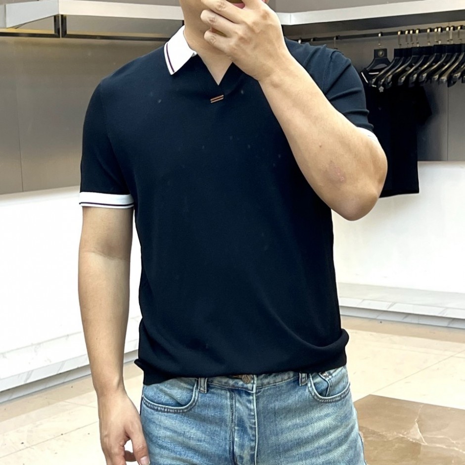 洗練された スキッパーネック ポロシャツ エルメネジルド・ゼニア Tシャツ 偽物 ブラック-1