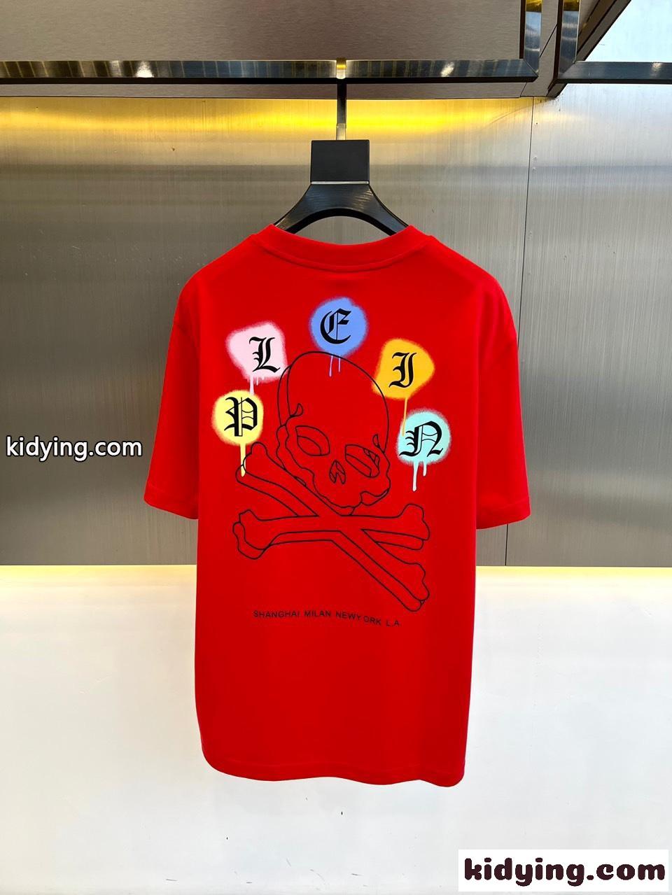 カジュアル コットン プリント フィリッププレイン 半袖Tシャツ コピー レッド-4