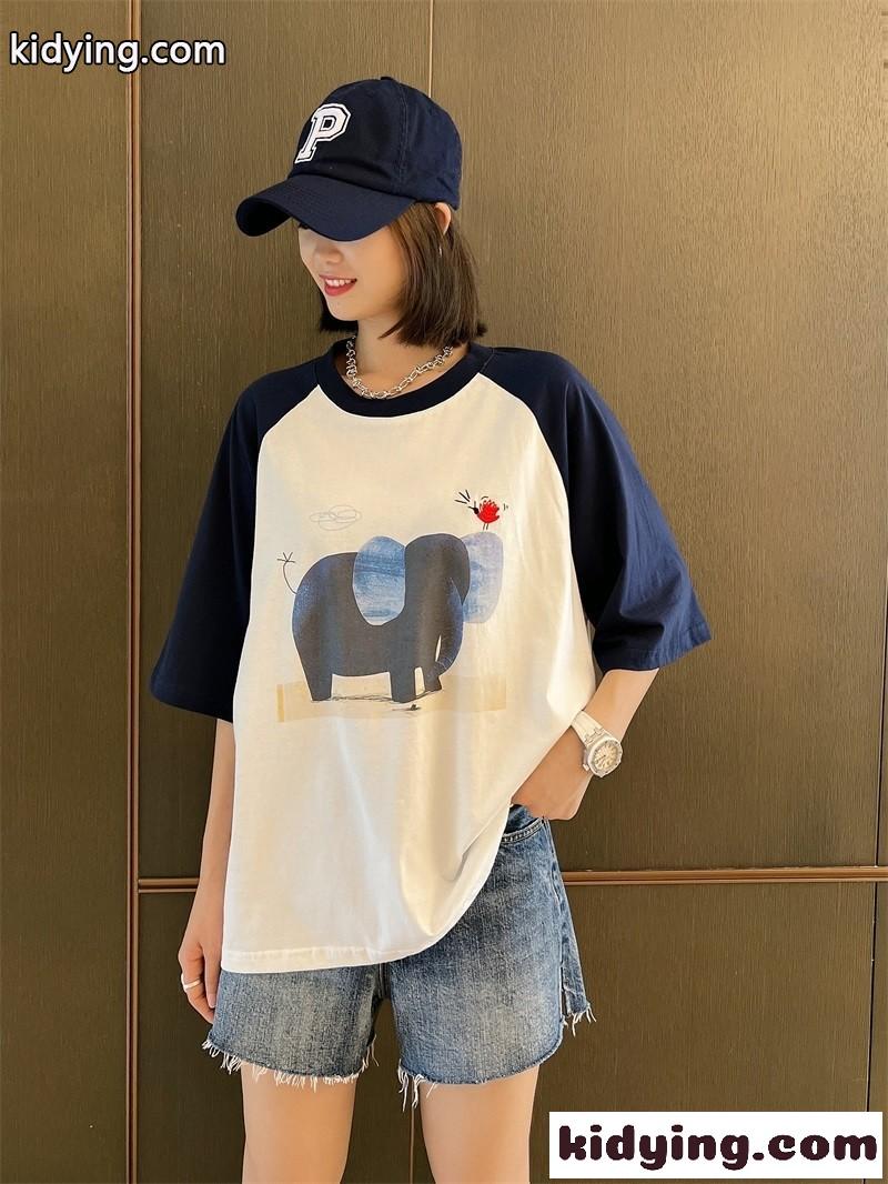 オーバーサイズ 可愛い プリント 人気 ミュウミュウ 半袖tシャツ コピー カジュアル バイカラー-0