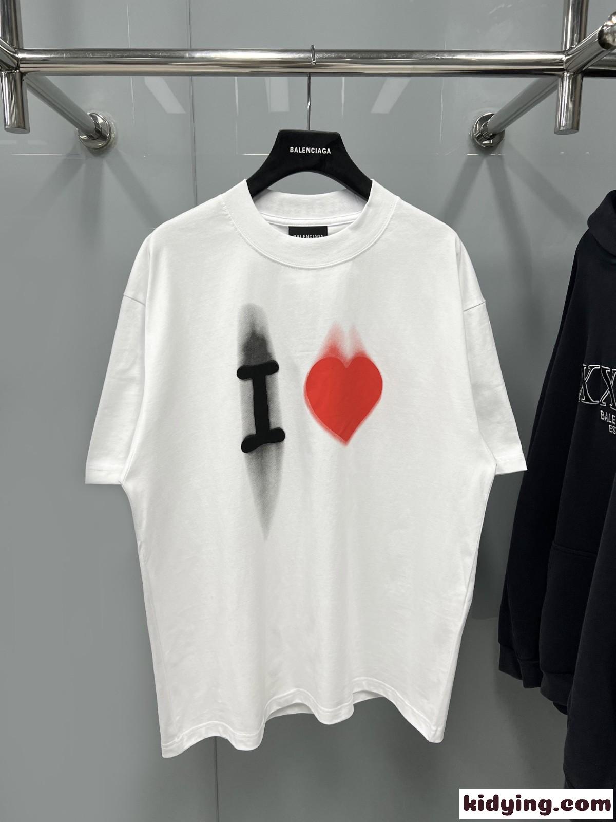 ユニセックス カジュアル I Love プリント 半袖Tシャツ バレンシアガ Tシャツ コピー ホワイト-1