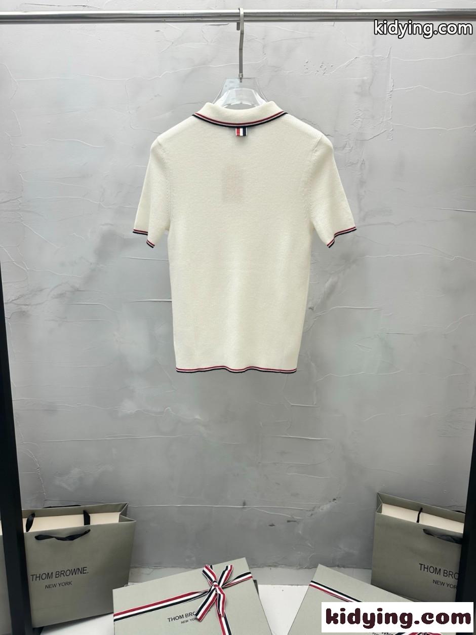 上品 洗練された 半袖 ポロニット トムブラウン ニット 偽物 ホワイト-3