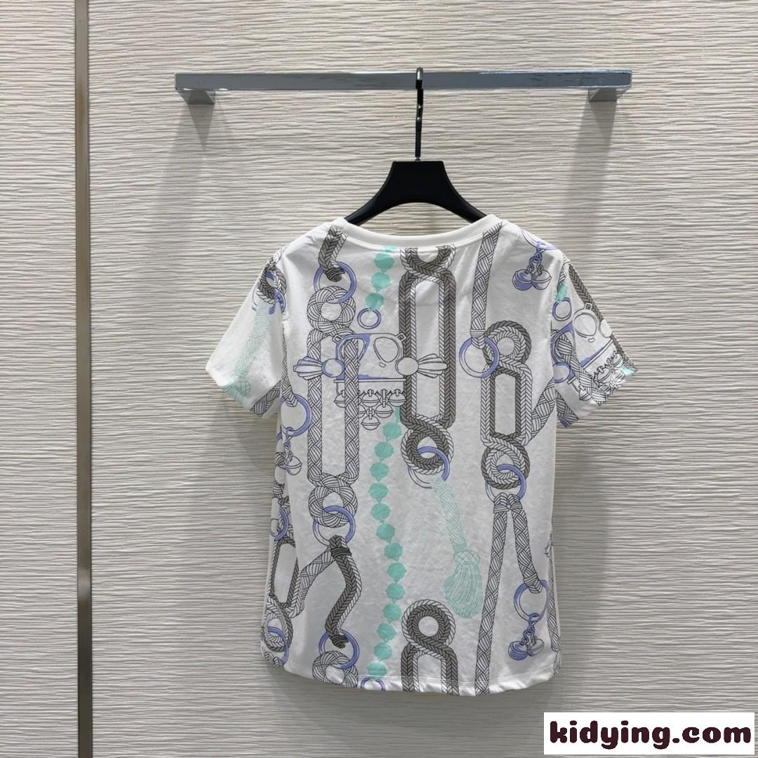 目を引く プリント 半袖Tシャツ エルメス Tシャツ コピー コットン ホワイト-5