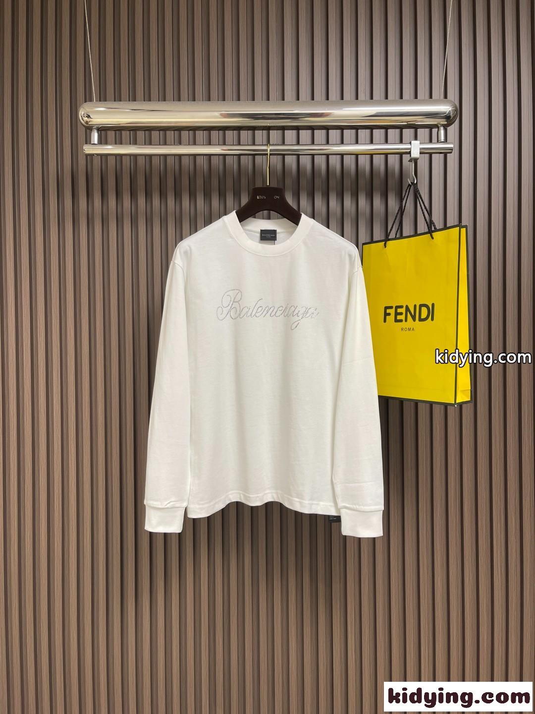 シンプル ラインストーンロゴ 長袖Tシャツ バレンシアガ Tシャツ 偽物 ホワイト-1