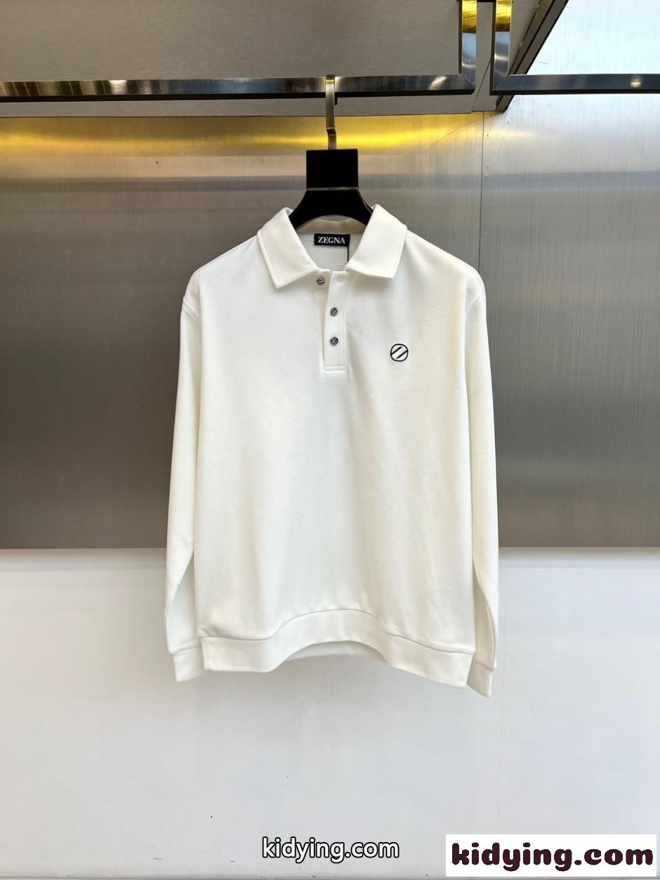 シンプル 上品 ロゴ 長袖 ポロシャツ エルメネジルド・ゼニア Tシャツ 偽物 ホワイト-0
