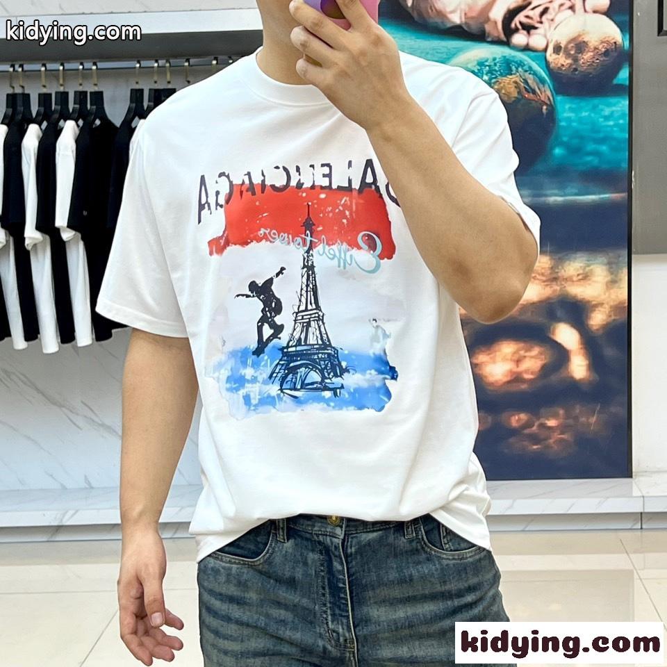 カジュアル プリント バレンシアガ Tシャツ 偽物 クルーネック 半袖トップス ホワイト-1