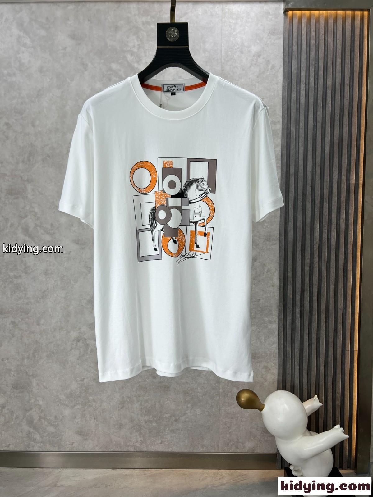 お洒落 プリント エルメス Tシャツ コピー クルーネック 半袖Tシャツ ホワイト-0