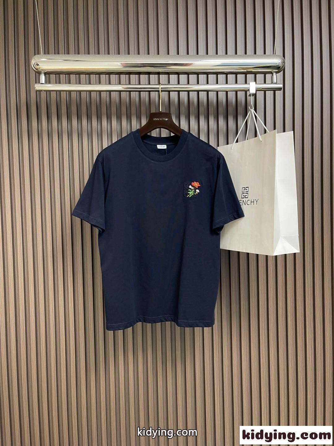 シンプル アナグラム刺繍 クルーネック ロエベ Tシャツ 偽物 コットン ネイビー-1