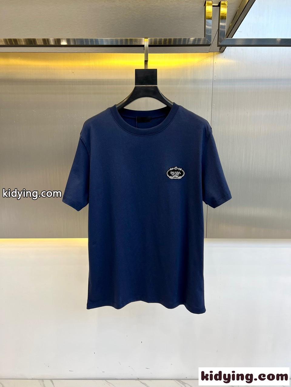シンプル ロゴ入り コットン 半袖Tシャツ プラダ Tシャツ コピー ブルー-0