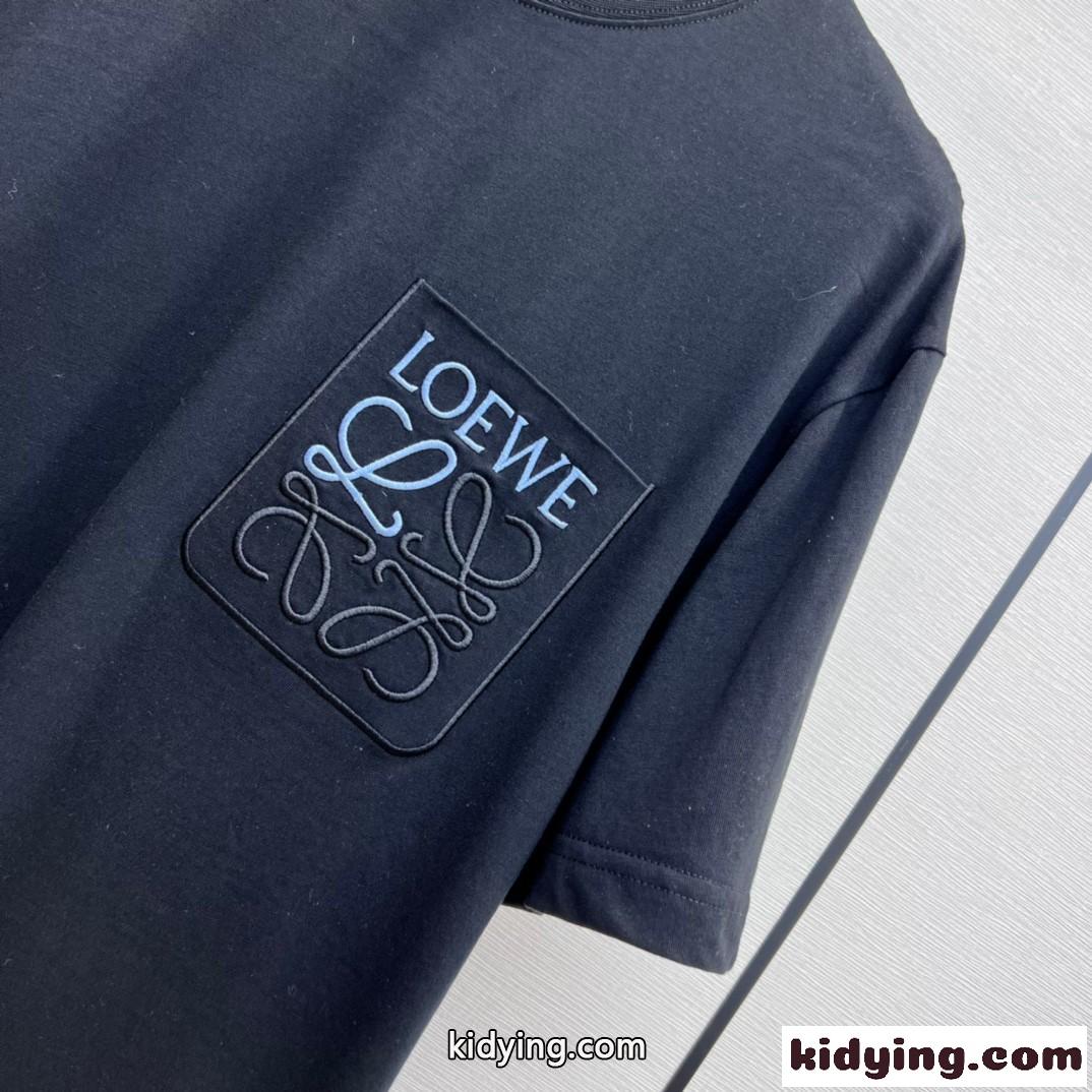 男女兼用 人気 アナグラム 刺繍入り ロエベ Tシャツ コピー コットン 半袖 ブラック-3