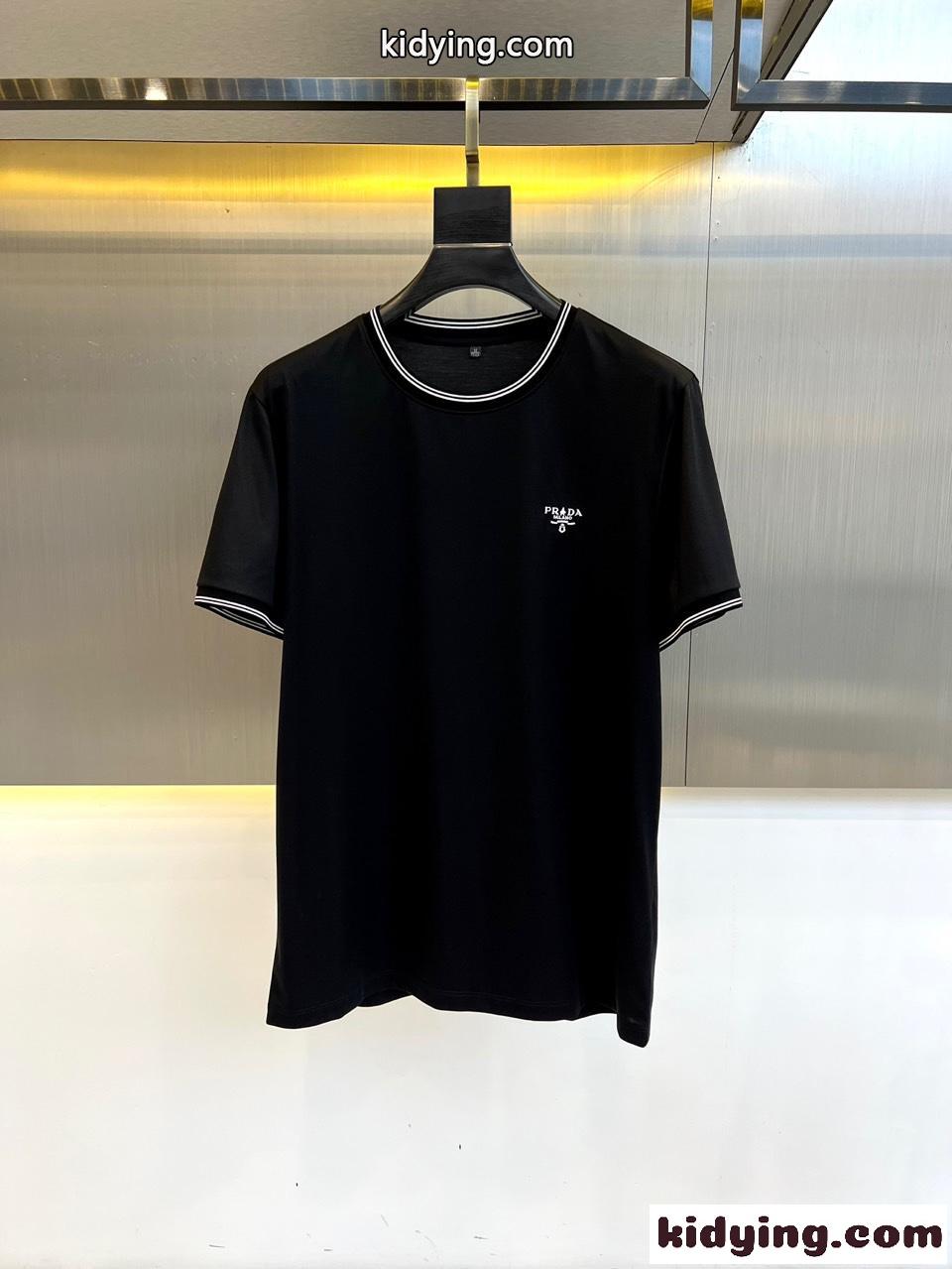 カジュアル ロゴ プラダ 半袖Tシャツ コピー クルーネック ブラック-0