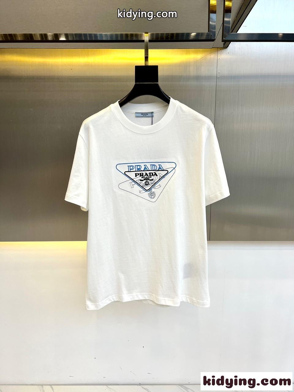 カジュアル ロゴ刺繍 プラダ Tシャツ コピー クルーネック 半袖Tシャツ ホワイト-0