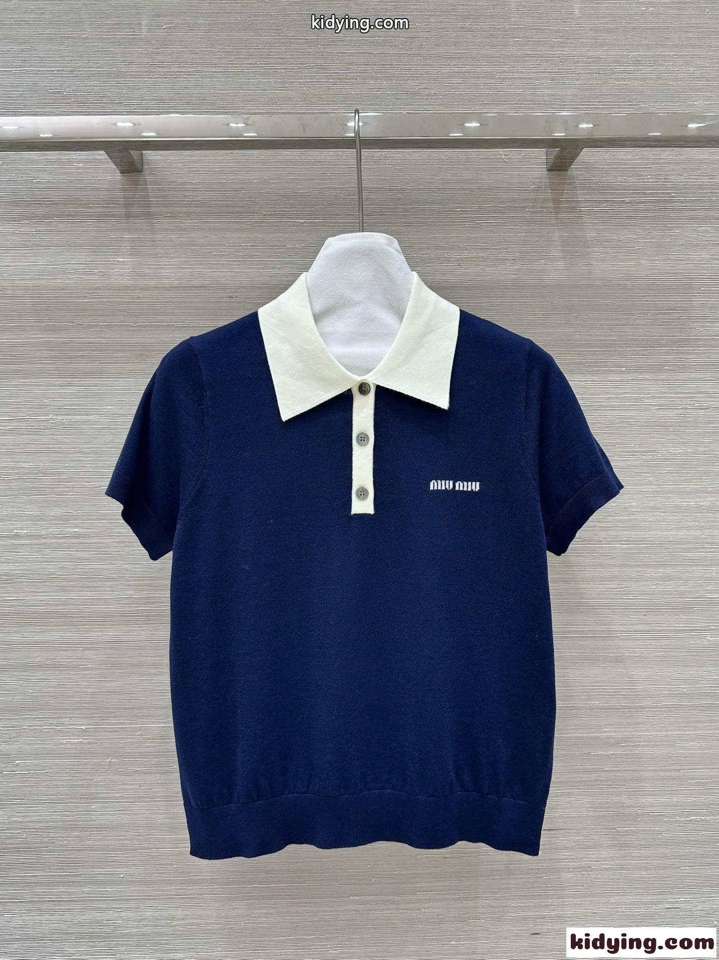 洗練された 上品 半袖 ニットポロ ミュウミュウ ニット コピー ネイビー-2