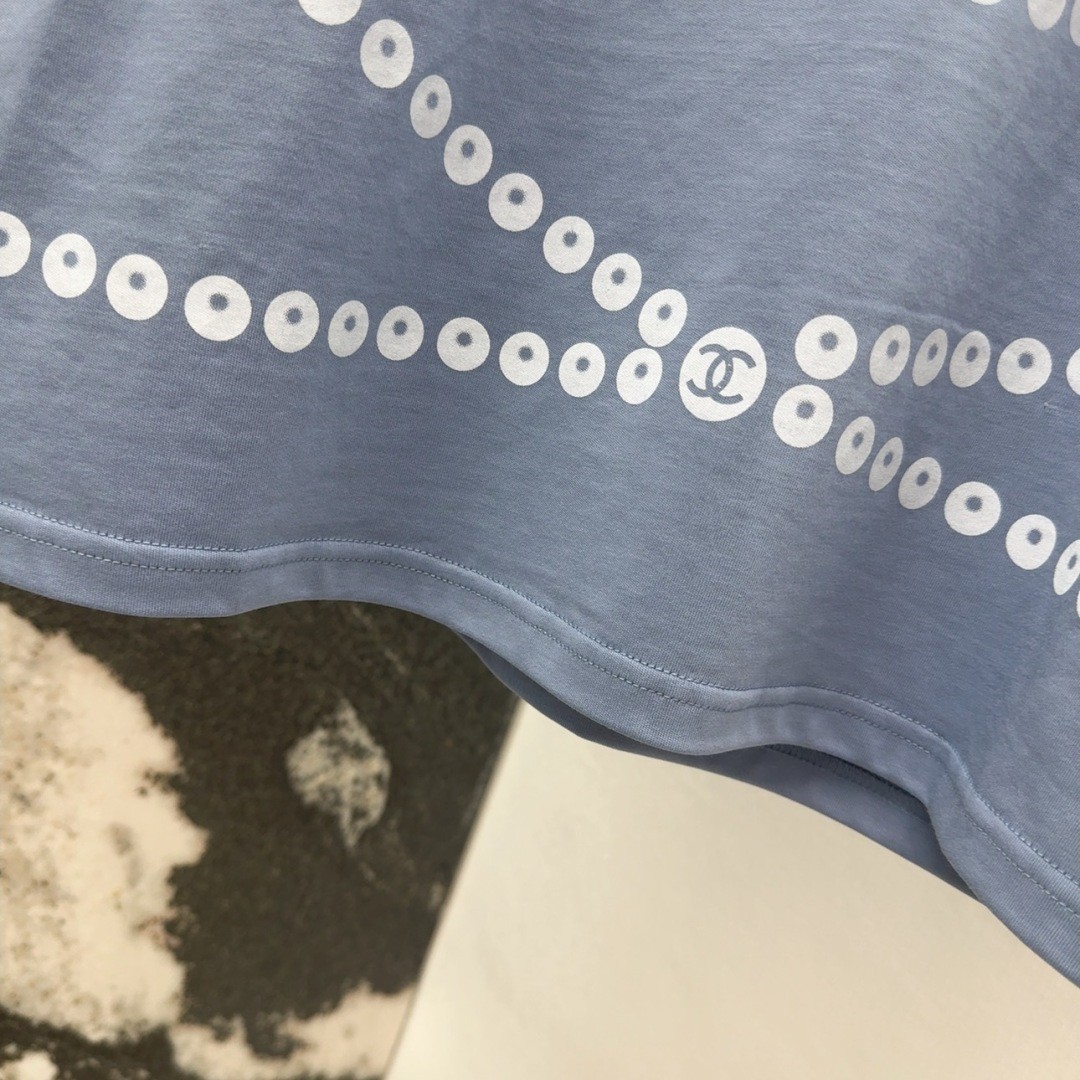 お洒落 パールプリント 半袖Tシャツ シャネル Tシャツ コピー コットン ブルー-0