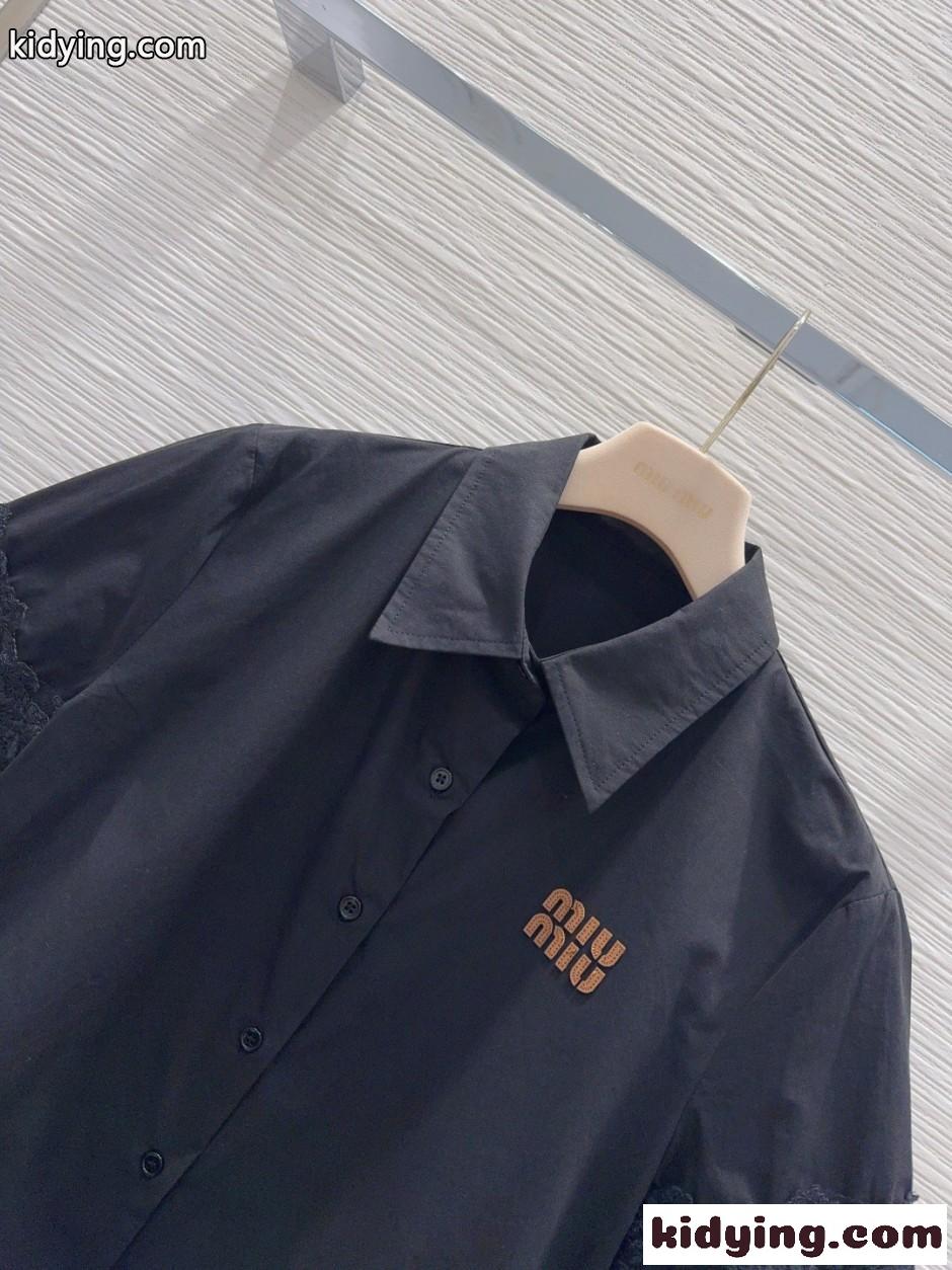 上品 ロゴ入り コットン 半袖シャツ ミュウミュウ シャツ コピー ブラック-1