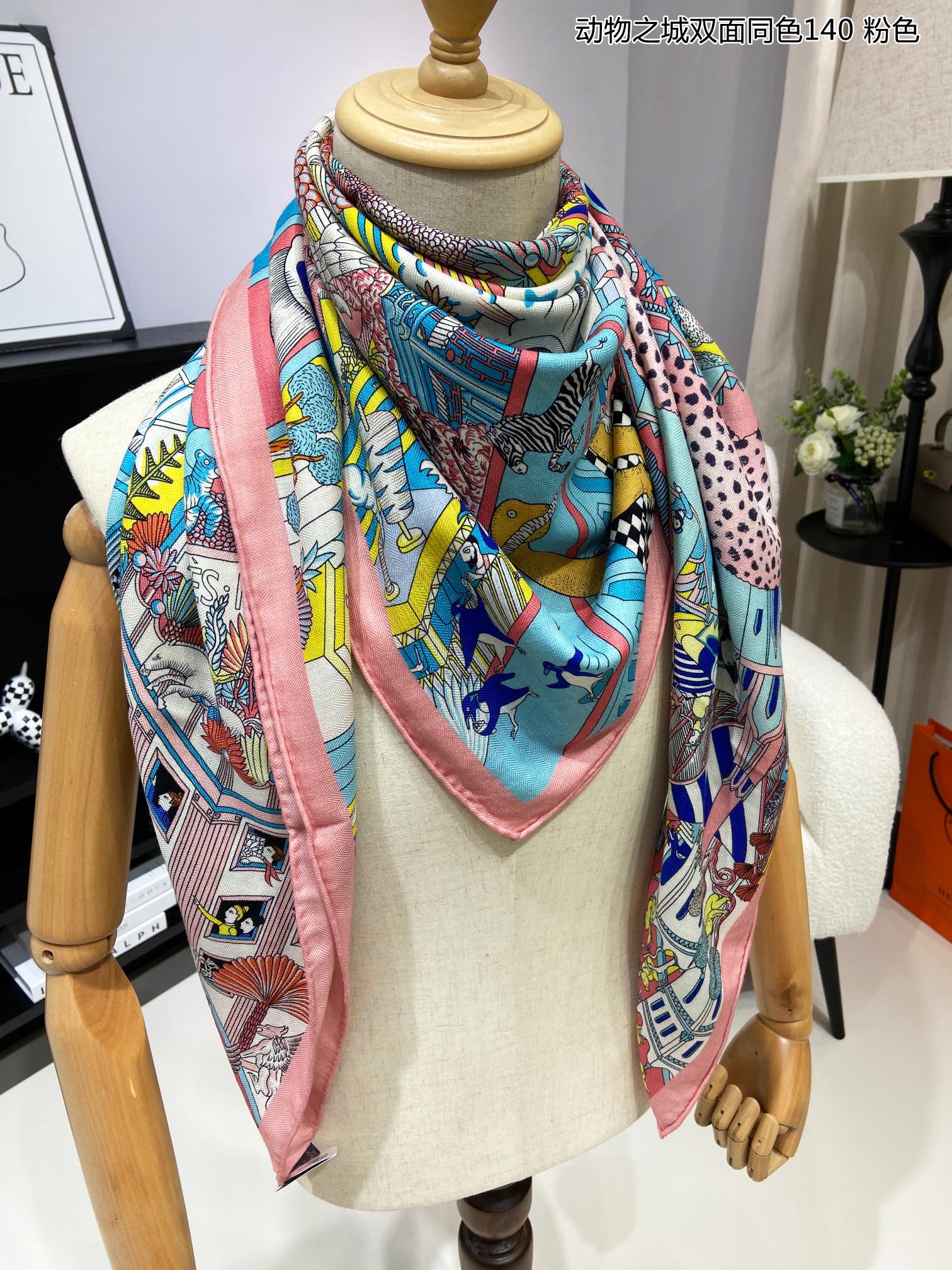 カレ140 ショール シルク＆カシミヤ Animapolis エルメス スカーフ コピー 140cm*140cm ピンク-2