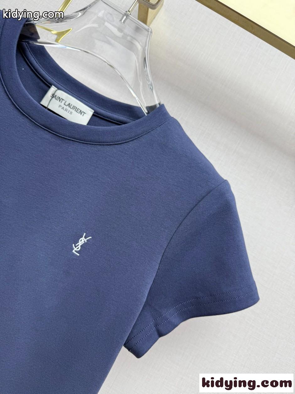 シンプル YSLロゴ 半袖Tシャツ イヴ・サンローラン Tシャツ コピー ネイビー-1