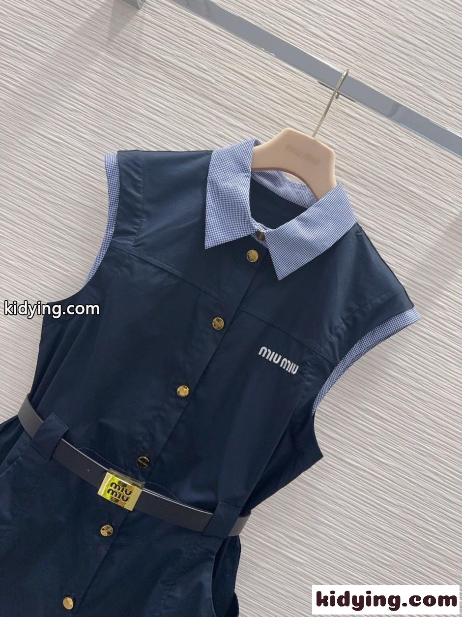 ミュウミュウ ワンピース コピー レイヤード風 ノースリーブ シャツワンピース ネイビー-1