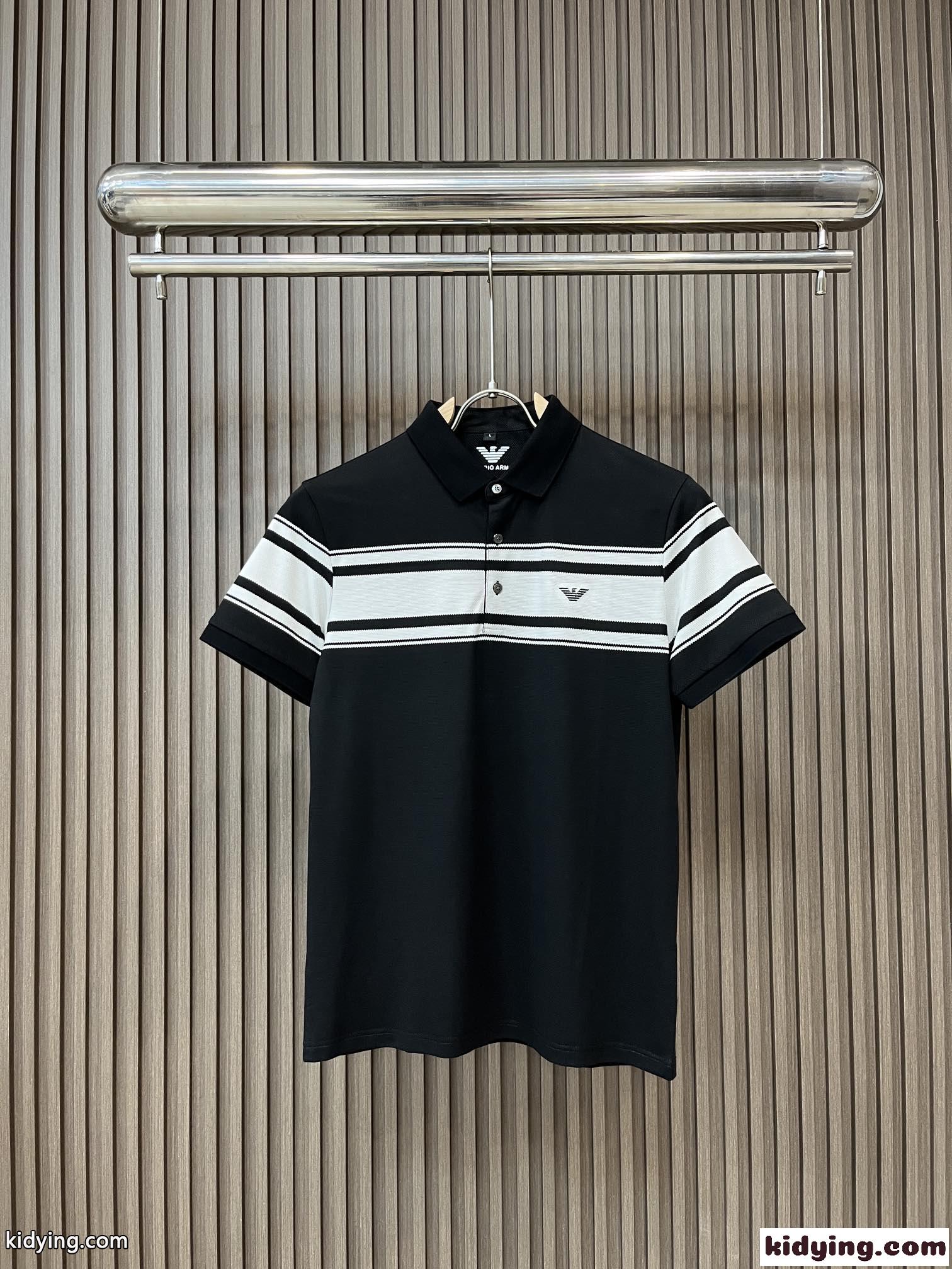 カジュアル ストライプ ロゴ アルマーニ 半袖Tシャツ コピー コットンピケ ポロシャツ ブラック-1