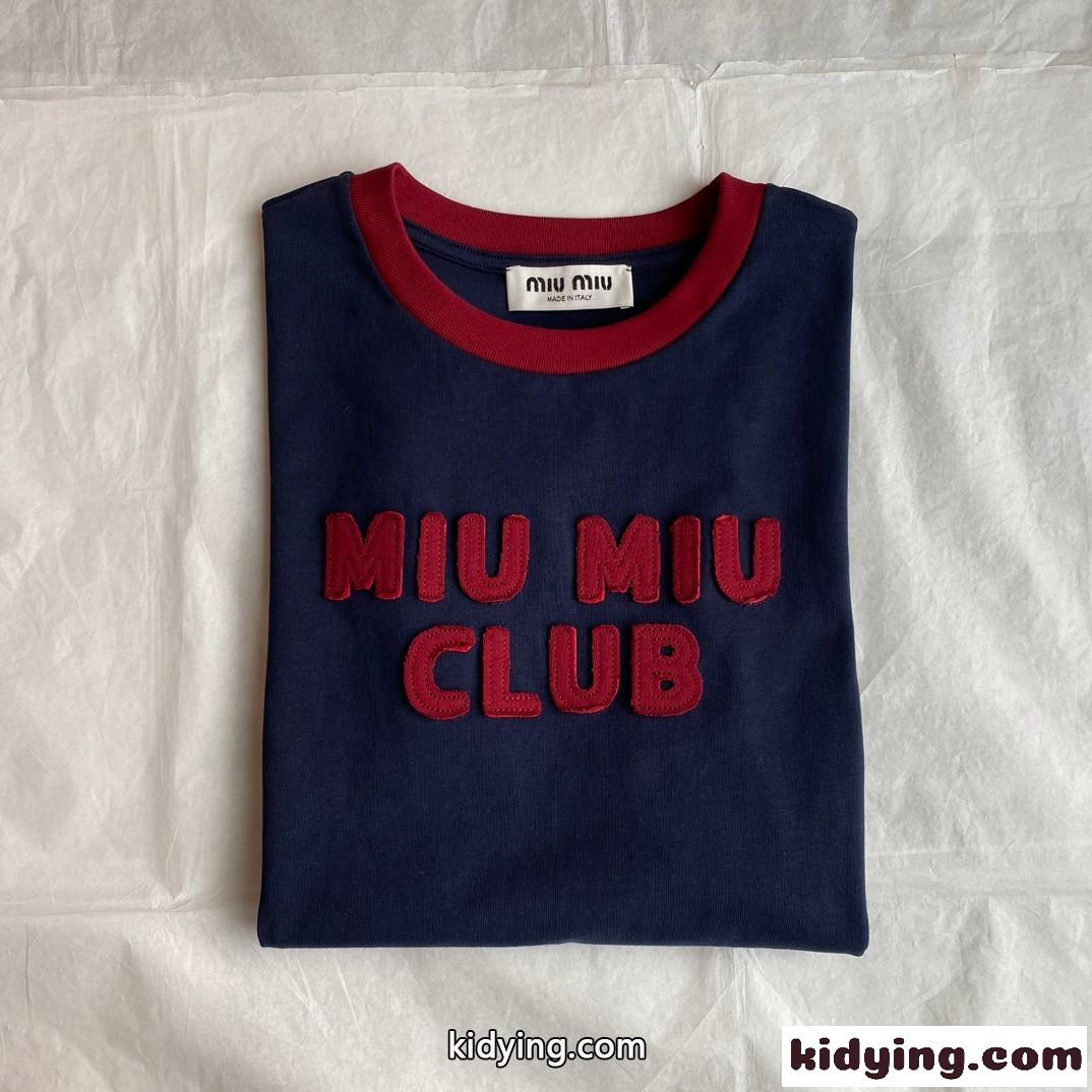 刺繍ロゴ入り ジャージー 半袖Tシャツ ミュウミュウ Tシャツ コピー クロップド丈-3