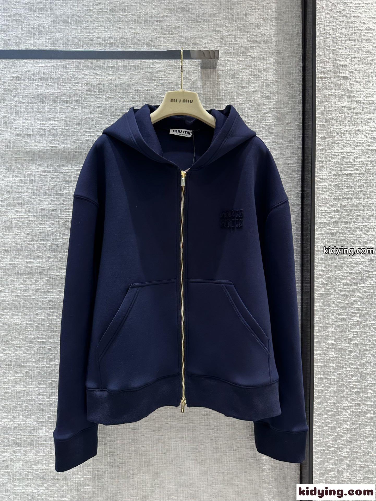 刺繍入り コットン フーディー ミュウミュウ パーカー コピー ユニセックス ブルー-2