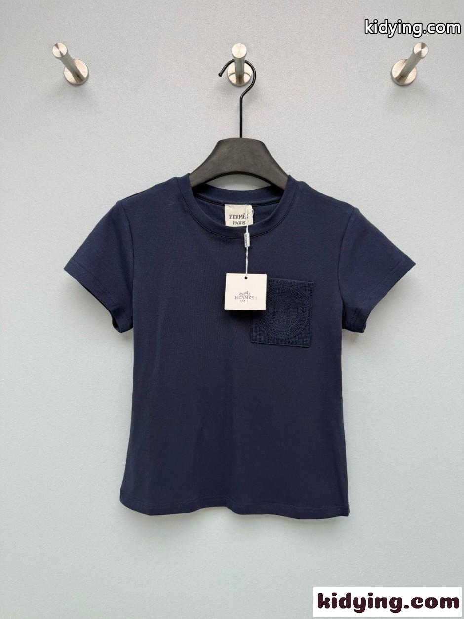 エンブローデッド ポケット 半袖Tシャツ エルメス Tシャツ コピー ネイビー-0