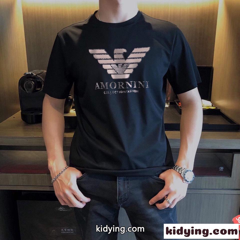 シルケット加工 柔らかい 快適 春夏 クルーネック アルマーニ tシャツ コピー 半袖 メンズ ロゴ トップス ホワイト ブラック-1